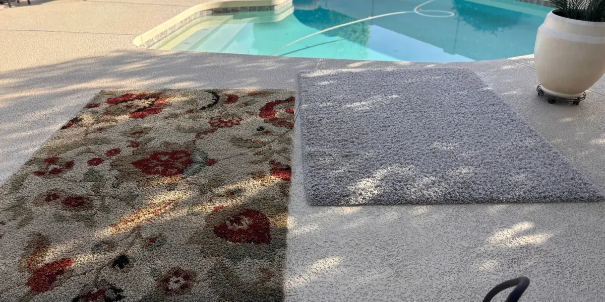 Two area rugs laid out on a pool deck to dry after cleaning