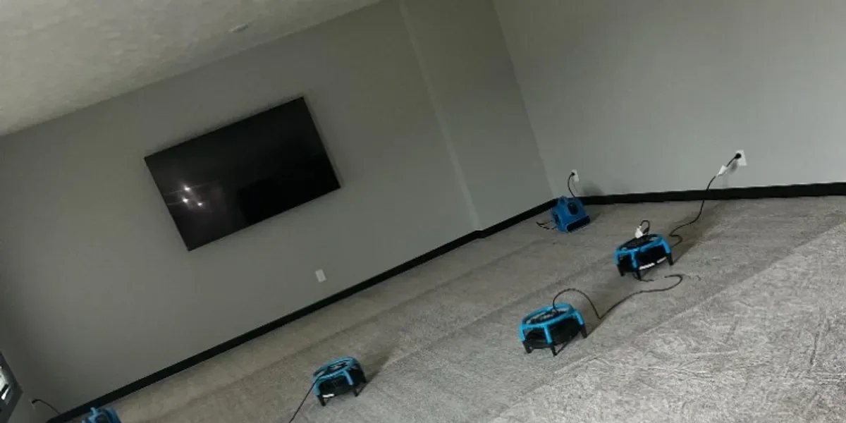 Air movers running on freshly cleaned carpet in a living room