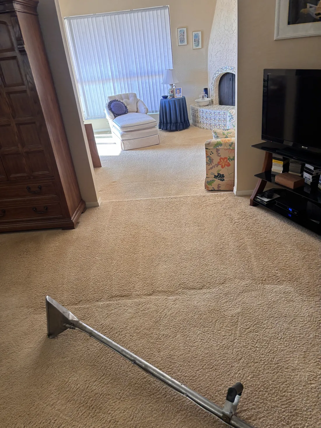Wand passes showing on a beige living room carpet, pet stain and odor removal in Gilbert AZ