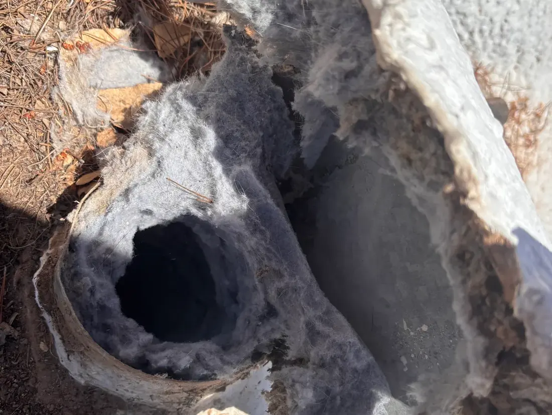 Lint pulled from an exterior pipe run