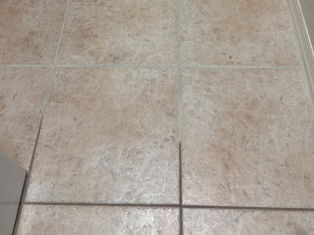 Grout color seal before and after in one frame, the original tan line against the new sealed line