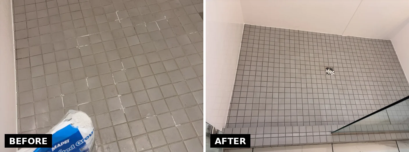Shower floor grout before and after: patched failed lines, then cleaned and color sealed to one uniform color