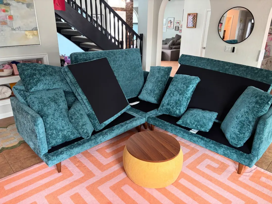 Teal sectional with cushions removed and cleaned in a Chandler living room