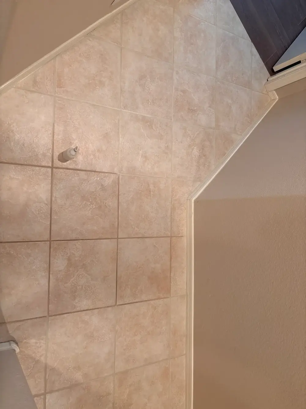 Shower wall tile with hard water buildup removed from the grout lines