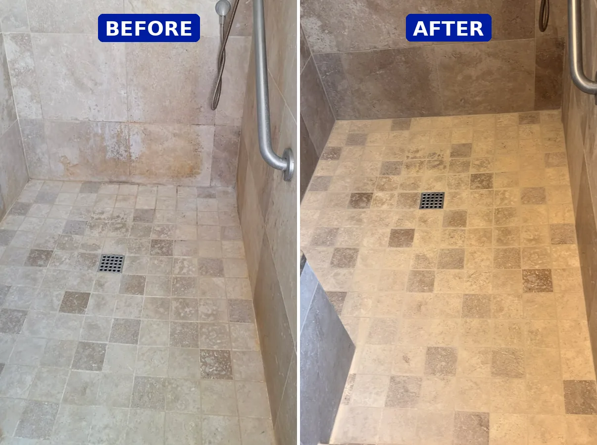 Stone shower before and after calcium removal, showing the walls and pan cleaned